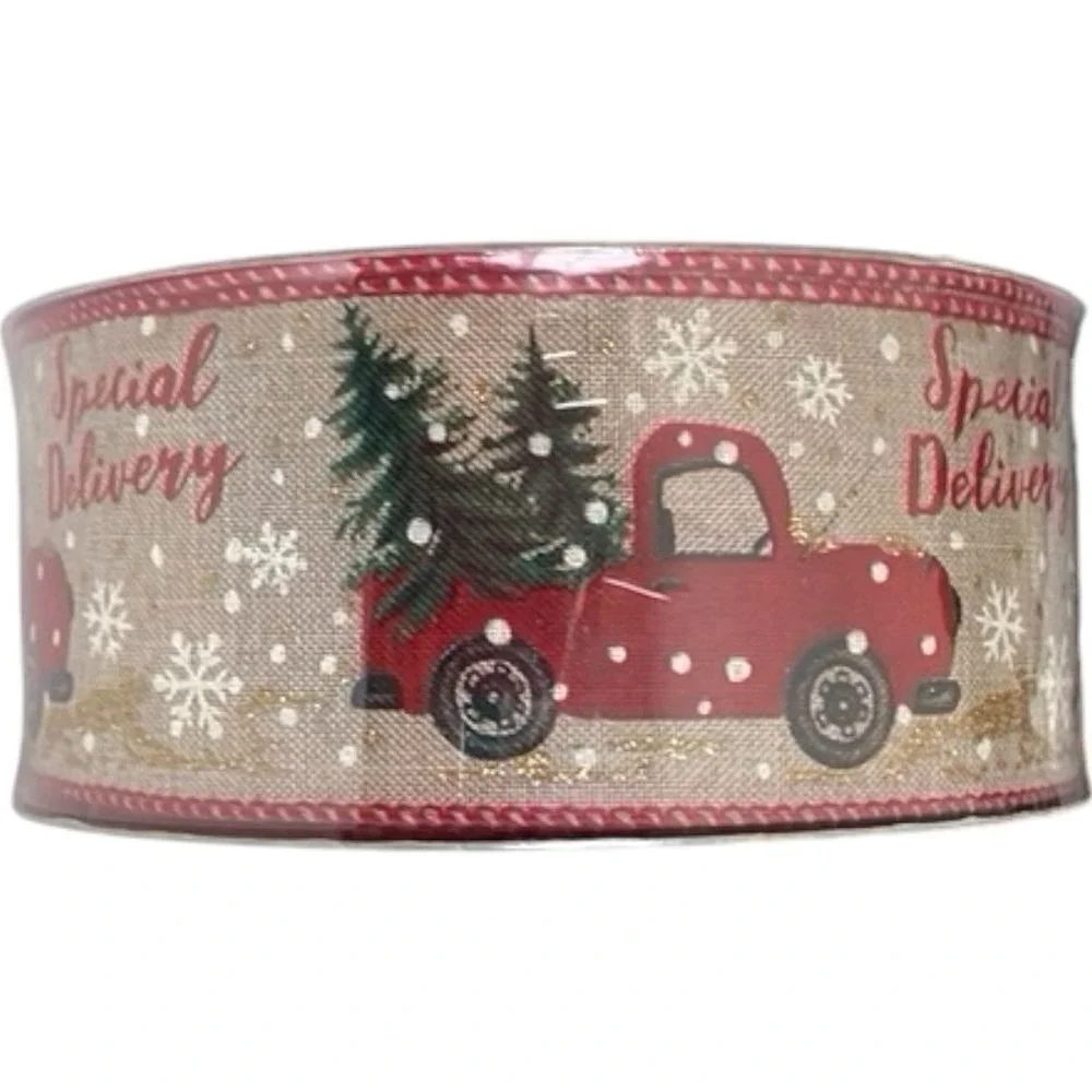Red Truck Christmas Tree Presents 2.5 inch x 50 Yards, Premium Wired Ribbon New!